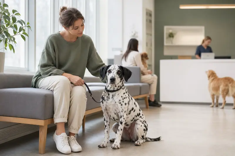 Dalmatiner sitzt ruhig neben seinem Besitzer im hellen Wartezimmer einer modernen Tierarztpraxis.